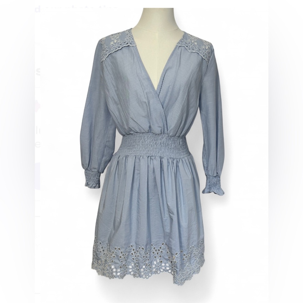 Zara Blue & White Cottagecore Long Sleeve Mini Dress w/ Eyelet Detailing - small
